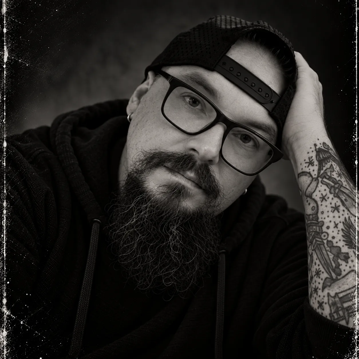 Brad Jackson, in a backwards cap and glasses, resting his head on his tattooed hand.